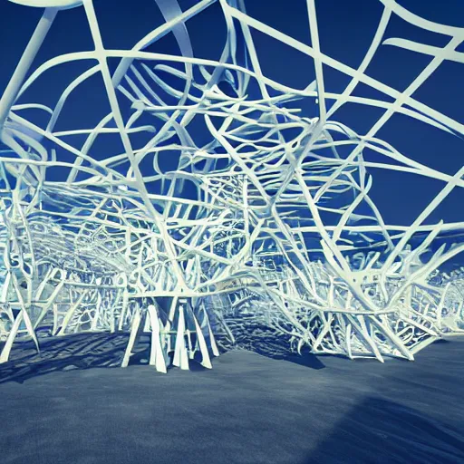 Image similar to wires geometric pavilion architecture designed by frank gehry, flow, generative design, artstation, unreal engine.