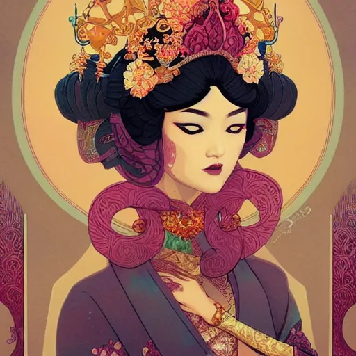 Image similar to asian princess portrait symmetry, with a flower kimono, curvy, royal style, elite, gold, art deco, stylized illustration by peter mohrbacher, moebius, mucha, victo ngai, colorful comic style