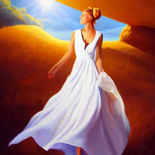 Prompt: a painting of a woman in a white dress, an airbrush painting by rhads, deviantart, fantasy art, sunrays shine upon it, deviantart, mystical