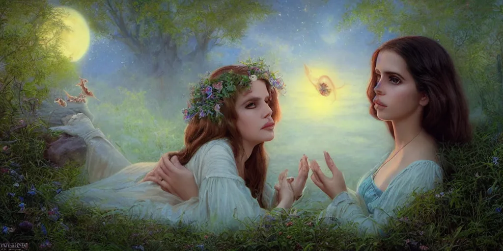 Image similar to big-eyed Lana Del Rey staring into the camera, sundown misty firefly wisps, Lilia Alvarado, Sophie Anderson, Mark Arian, Bob Byerley, Charlie Bowater, Mark Brooks, Steve Henderson, Justin Gerard, Arthur Hughes, Edward Robert Hughes, Mark Keathley, Victor Nizovtsev, Carlos Shwabe, Ross Tran, WLOP