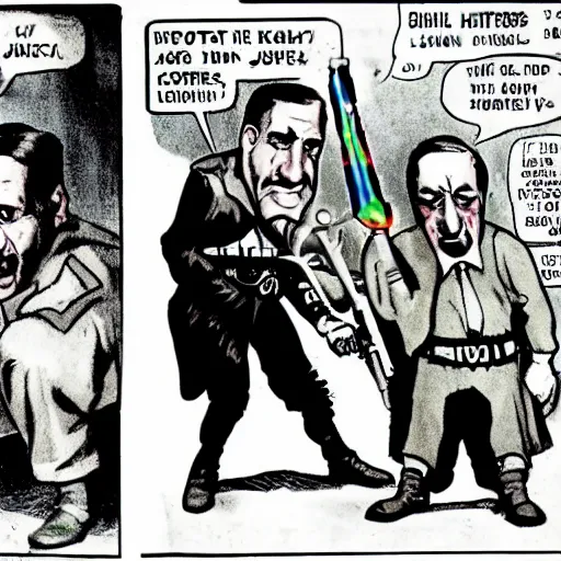 Image similar to comic book of angry jews with lightsabers and adolf hitler accurate eyes high detail