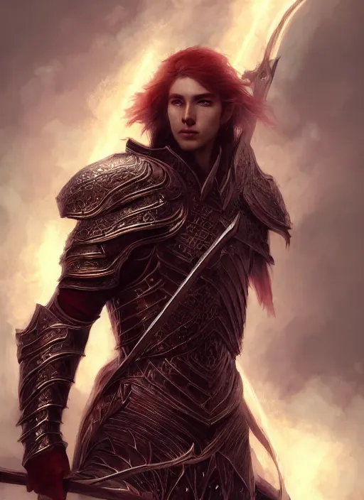 Prompt: Half-body portrait an elven red-haired prince in a dragon scale armour and a spear. In style of Hyung-tae Kim and Greg Rutkowski, concept art, trending on ArtStation, Korean MMORPG, over-detailed art, 8K, epic, dynamic lightning, dramatic pose.