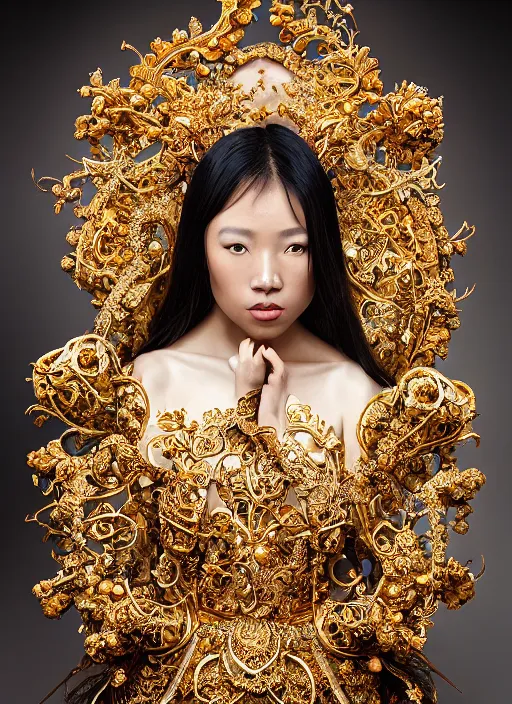 Image similar to a portrait of asian female by stefan geselle and nekro borja, photorealistic, intricate details, hyper realistic, fantasy, elegant, baroque gold headpiece, photorealistic, canon r 3, photography, wide shot, symmetrical features, symmetrical pose, wide angle shot, head to toe, standing pose, feet on the ground, wearable art