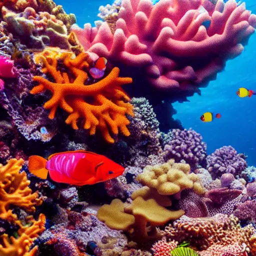 Prompt: photo of a shallow coral reef with fish, colorful, vibrant, caustics, blue water, realistic, detailed, 8k, hd, award winning photo,