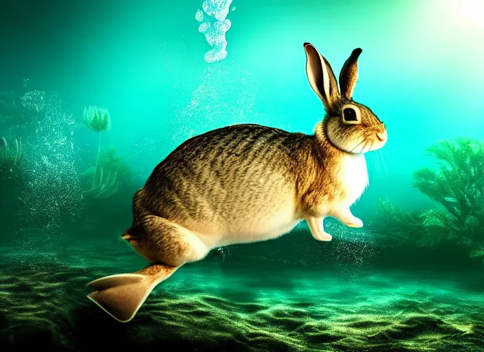 Image similar to under water rabbit, water light scattering, underwater photography, high details, 8 k, realistic shot, cinematic lighting