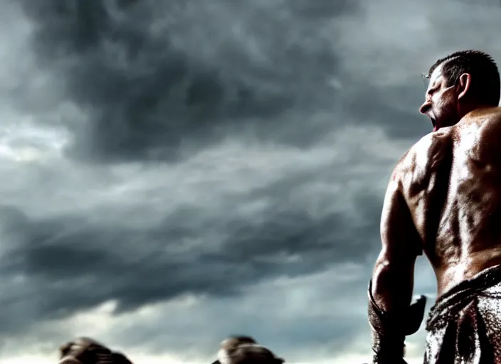 Image similar to cinematic film still of joe biden as leonidas shouting in 3 0 0 movie, 8 k, epic moody sky, dramatic lighting