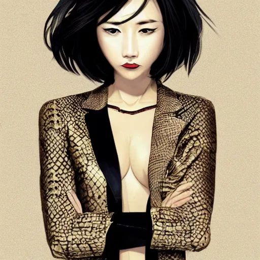 Image similar to yakuza slim girl, gold suit jacket in snake print, jacket over bare torso, yakuza tattoo Irezumi on body, black short curtain haircut, black leather pants with black belt, portrait, beautiful face, elegant, 2d, ultra highly detailed, digital painting, smooth, sharp focus, artstation, art by Ilya Kuvshinov, rossdraws