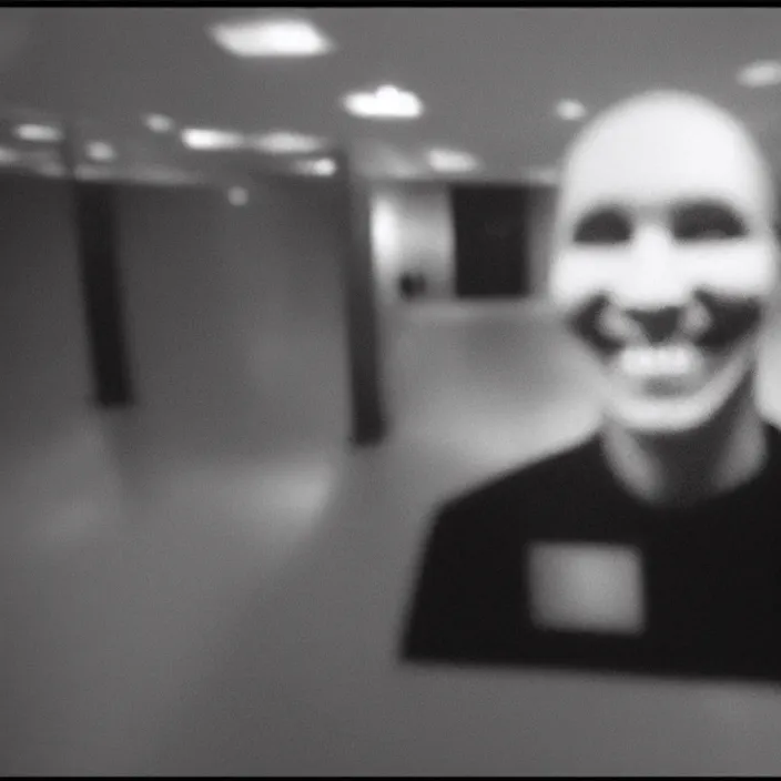 Image similar to cctv footage of an uncanny figure smiling at the camera, creepy