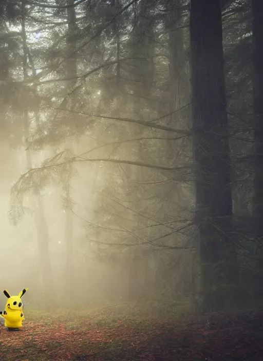 Image similar to Pikachu in forest, Artstation, Confident, fog, rain, volumetric lighting, beautiful, golden hour, sharp focus, ultra detailed, cgsociety by Leesha Hannigan, Ross Tran, Thierry Doizon, Kai Carpenter, Ignacio Fernández Ríos, noir art house, 4k, 35mm, fujifilm