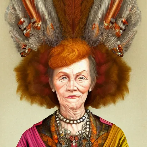 Image similar to portrait headshot digital painting of a old 17th century old lady cyborg merchant, amber jewels, clorful feathers, baroque ornate clothing