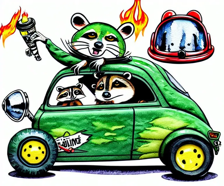 Image similar to cute and funny, racoon wearing a helmet with tiny flame stickers on it riding in a tiny hot rod coupe with oversized engine, ratfink style by ed roth, centered award winning watercolor pen illustration, isometric illustration by chihiro iwasaki, edited by range murata