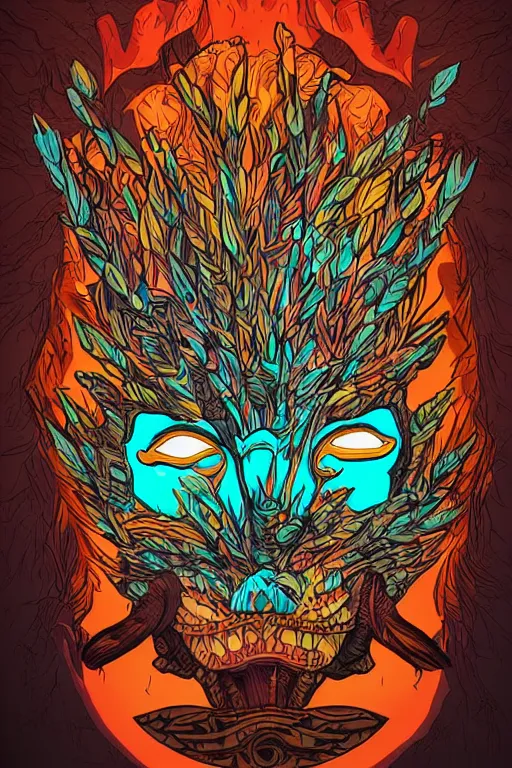 Image similar to animal mask totem roots flower tribal feather gemstone plant wood rock shaman vodoo video game vector cutout illustration vivid multicolor borderlands comics by josan gonzales and dan mumford radiating a glowing aura