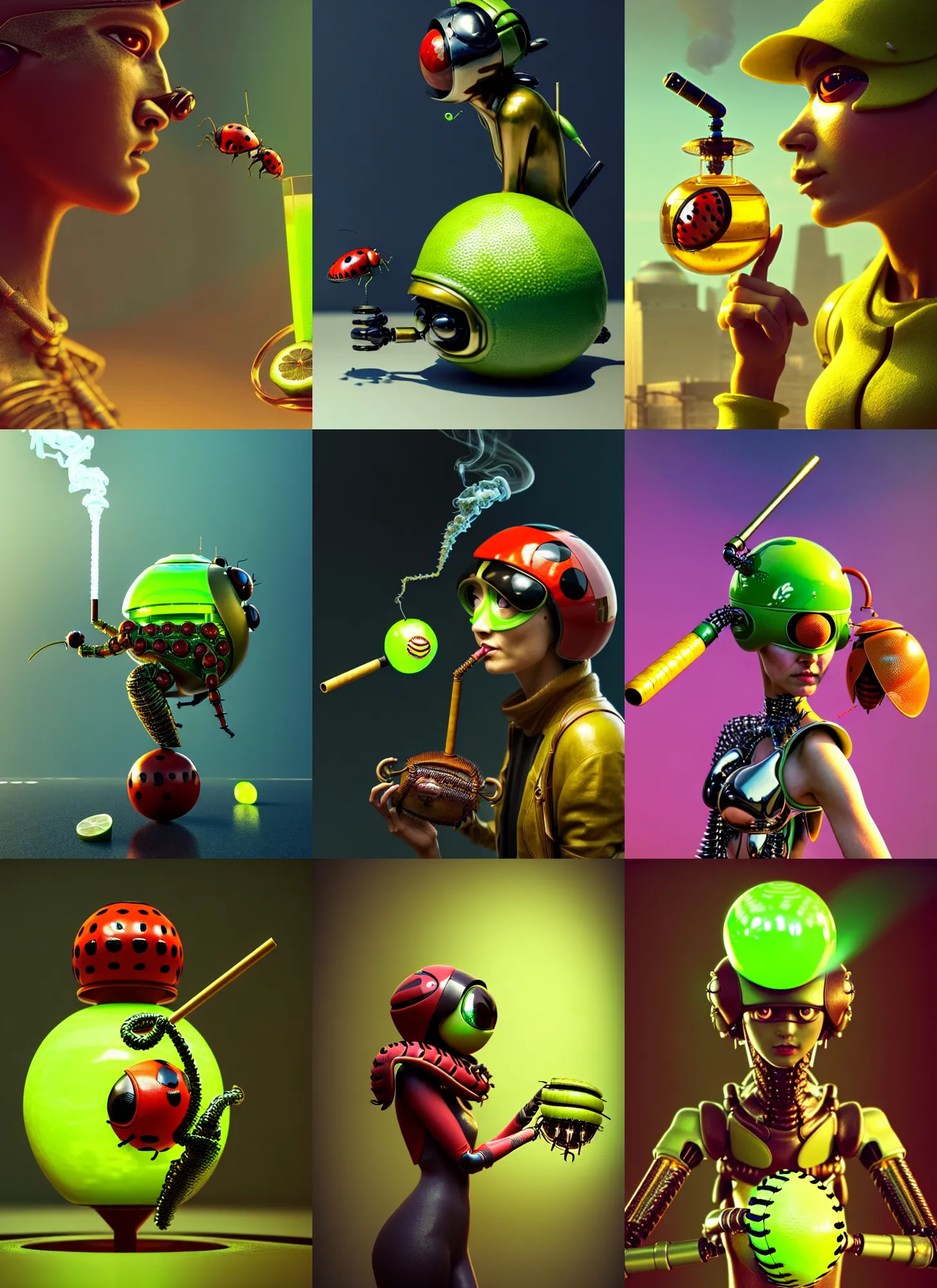 Prompt: transhuman baseball ladybug edm cyborg smoking elaborate lemonlime bong | ornate | glamorous oily soft polished rich enticing ornate modern | weta disney pixar movie still photo | hi - fructose, sci fi fantasy, golden ratio details, smooth, octane render, sharp focus, artstation, concept art | beeple, feng zhu, mucha, rutkowski |