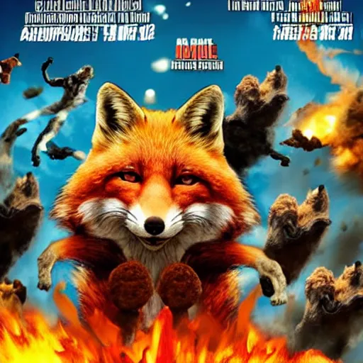 Image similar to action movie poster, featuring anthropomorphic fox sticking his head out of a pile of fried chicken, promotional advertising poster media