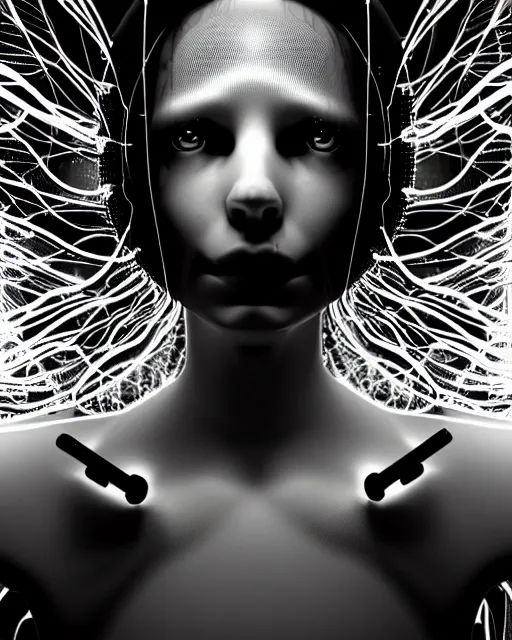 Image similar to black and white young cyborg-human-jellyfish-plant goddess high quality photo, microchip, artificial intelligence, bio-mechanical bio-luminescence, black wired cables, neurons, nerve cells, octane render, cinematic, rim light, hyper realism, photo-realistic, high detail, 8k, masterpiece, high fashion, in the style of Steven Meisel and Dora Maar and H.G. Giger