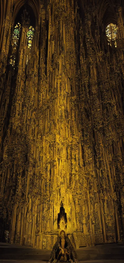 Image similar to a tall pale humanoid being sitting upon an ornate stone throne, 4K, digital art, horror, dramatic, wearing a long yellow rotting garment, dark, hyperrealistic, perspective, complex black church background with volumetric lights coming in through cathedral windows,