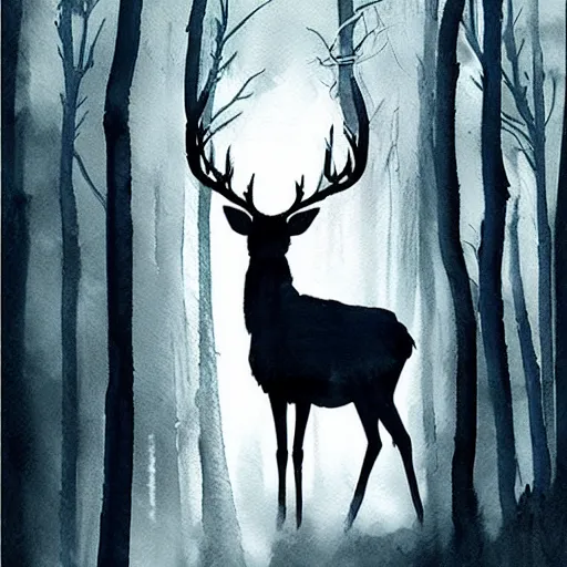 Prompt: a glowing stag inside a dark foggy forest, fantasy watercolor painting, cool colors, high contrast