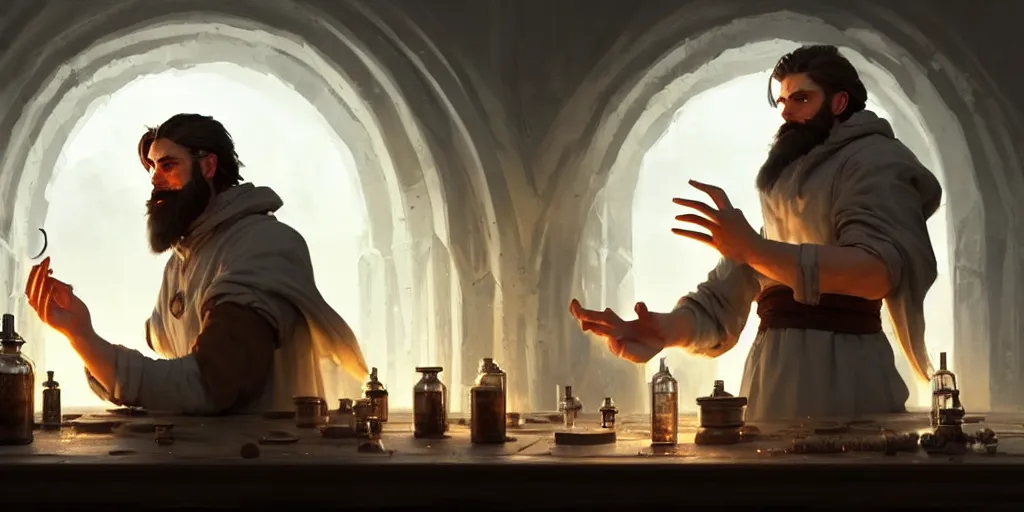 Image similar to a handsome bearded white male mage with brown hair he is casting a spell emanating from his hands, he is in a alchemist workshop filled with beakers and equipment, closed hands, sharp focus, waist up, trending on artstation, by greg rutkowski
