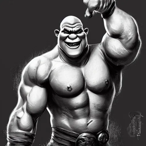 Image similar to black and white muscular shrek has beard, highly detailed, digital painting, artstation, concept art, smooth, sharp focus, illustration, art by artgerm and greg rutkowski and alphonse mucha