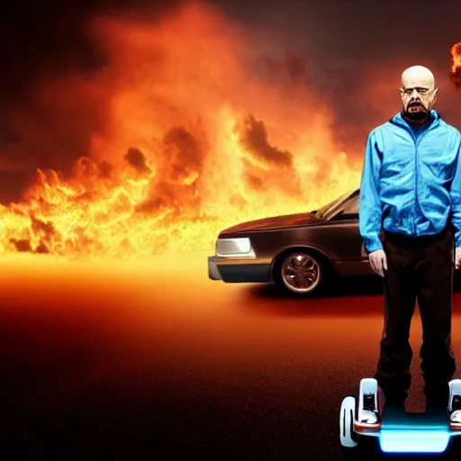 Image similar to Walter White from Breaking Bad (2008) standing on a hoverboard with an exploding building behind him, HDR, 8k,