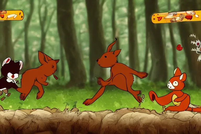 Image similar to 2 woodland creatures fighting, bullet time, woodland setting