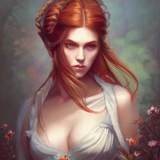 Prompt: a beautiful painting of a gorgeous young mother with auburn side braid draped over her shoulder and pretty hazel eyes, representative of the art style of artgerm and wlop and peter mohrbacher, portrait