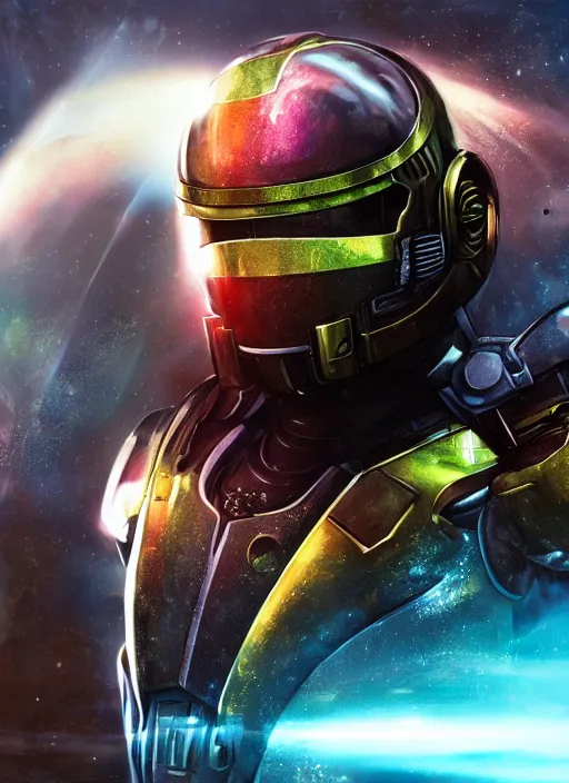 Prompt: Robot Suit, Samus Aran, Space Background, Bust, Concept Art, Helmet, Dredd, Karl Urban, Sylvester Stallone, Profile, High Detail, 2D art, Artstation, Neon lights, Sci-fi, Space suit, Luis Nieves Sr, Makoto Kano, Metroid