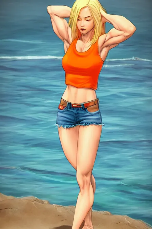 Prompt: a gorgeous muscular woman with very long hip-length blonde hair, wearing a cut-off white top and orange cut-off shorts standing by the water, in the style of artgerm and moebius and annie liebovitz, marvel comics, photorealistic, highly detailed, trending on artstation