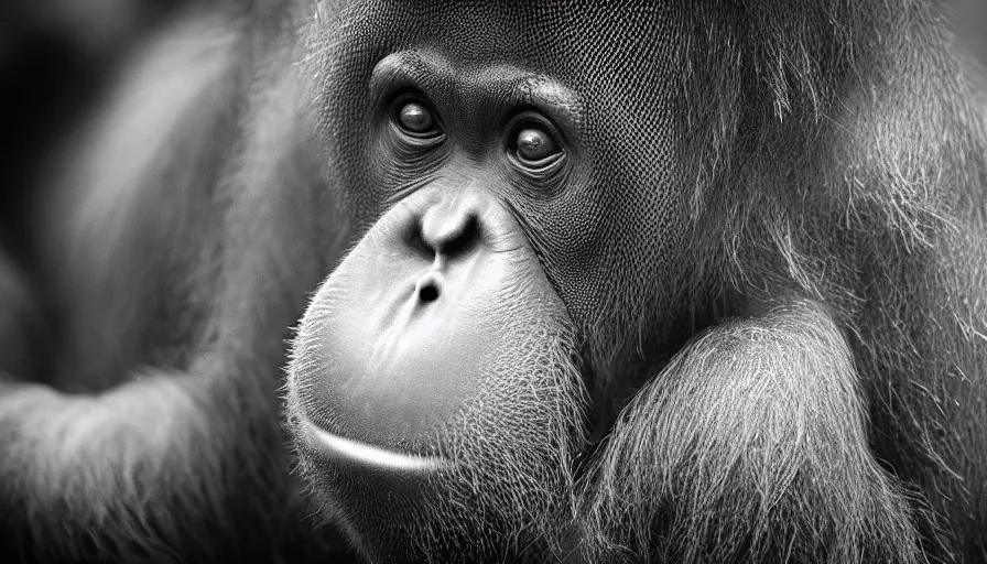 Prompt: Orangutan taking a picture, in the style of Lee Jeffries