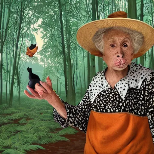 Image similar to a fabulous old woman with a sly face, a long nose and a wart on it. there is a black cat nearby. the background of huge chicken paws on top is a hut. fabulous enchanting dense forest around. very clear image. hyperrealistic.