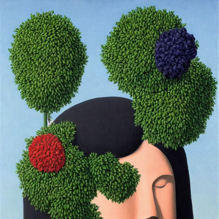 Prompt: portrait of a faceless beautiful flower - head man by rene magritte, detailed painting, distance, centered, hd, hq, high resolution, high detail, 4 k, 8 k