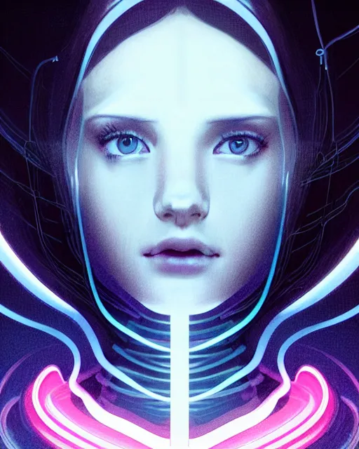 Image similar to symmetry!! centered head on, closeup portrait of a girl with thoughts floating around her, sci - fi -, cyberpunk, blade runner, glowing lights, tech, biotech, techwear!! intricate, elegant, highly detailed, digital painting, artstation, concept art, smooth, sharp focus, illustration, art by artgerm and greg rutkowski and alphonse mucha