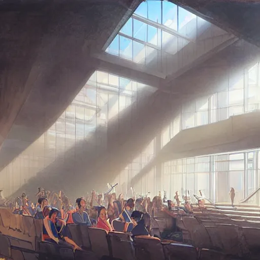 Image similar to concept art of the auditorium of a singaporean school, it is evening and light slants in through the windows, art by greg rutkowski