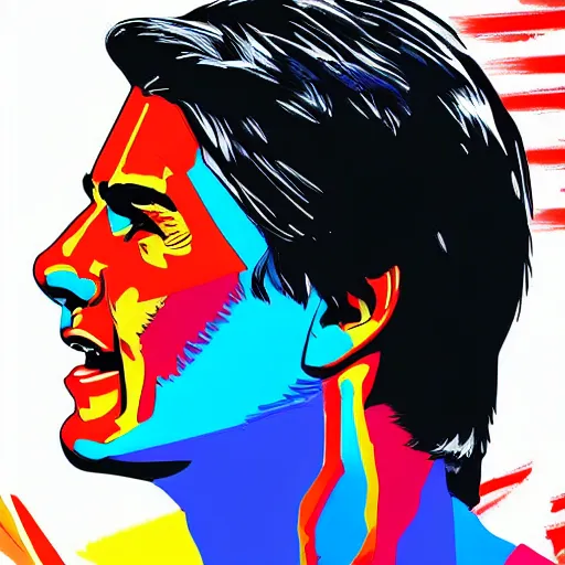 Image similar to portrait pop art comic illustration of Tom Cruise, profile view, bright colors, high detail