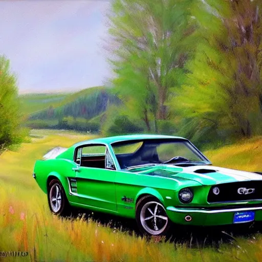 Image similar to green 1967 Ford Mustang GT, Swedish countryside, painting by Vladimir Volegov