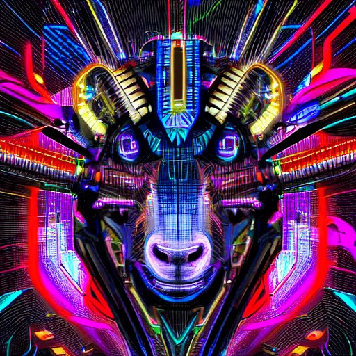 Image similar to complex cyberpunk machine background merged with evil cybernetic goat head in center focus, multicolored digital art