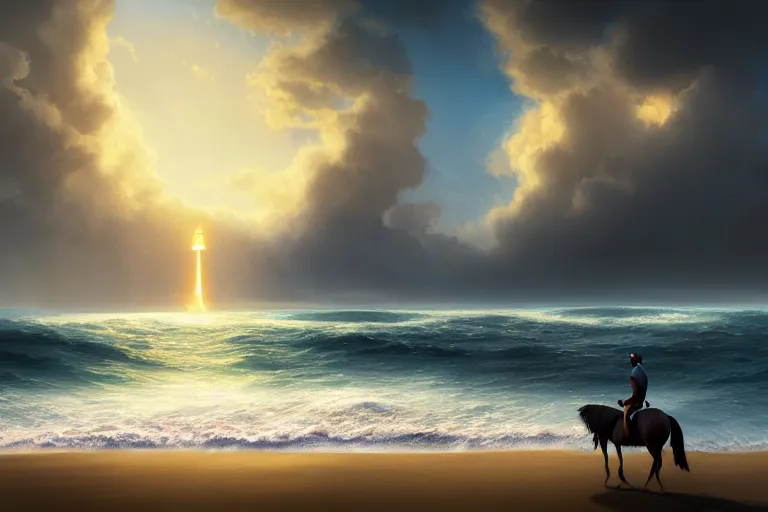 Image similar to photo of man riding a horse along the beach, glowing underwater waves toward a lighthouse in the distance guiding his way, silhouette, wide horizon, large white clouds, night, intricate, elegant, highly detailed, digital painting, artstation, concept art, smooth, sharp focus, illustration, art by artgerm and greg rutkowski and fra angelico