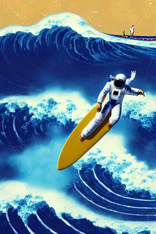 Image similar to an amazing digital painting of an astronaut in a white and royal blue luxurious space suit surfing the great wave of Kanagawa on a futuristic surfboard at Pamukkale, thermal waters flowing down multiversal gold travertine terraces by greg rutkowski, photorealistic, trending on artstation, highly detailed, unreal engine, octane render