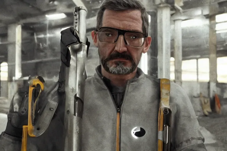 Image similar to vfx movie closeup real life gordon freeman holding wearing futuristic armor, half life logo on chest, crowbar in russian train yard by emmanuel lubezki