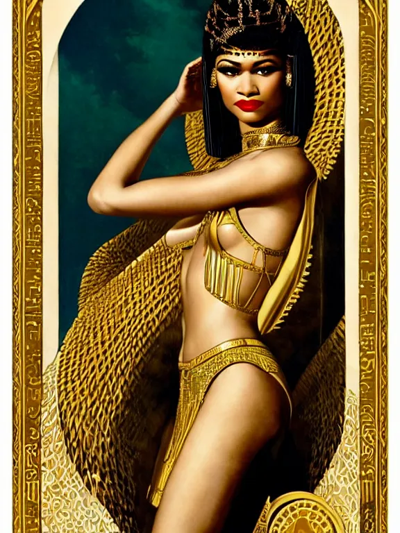 Image similar to zendaya as the great beauty cleopatra, a beautiful art nouveau portrait by Gil elvgren, Nile river water garden , centered composition, defined features, golden ratio, gold jewelry