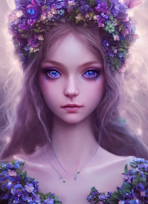 Image similar to portrait of a gorgeous fairy princess of the forest, detailed perfect blue eyes, highly detailed iridescent floral pattern skin, ultra realistic, cinematic lighting, depth of field, artstation, NeoArtCorE