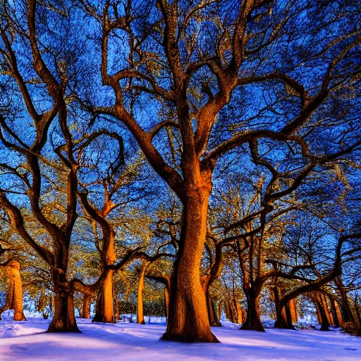 Image similar to Photorealistic, highly detailed, forest landscape, dark blue background, illuminated big wintry oak trees with different colors, night time