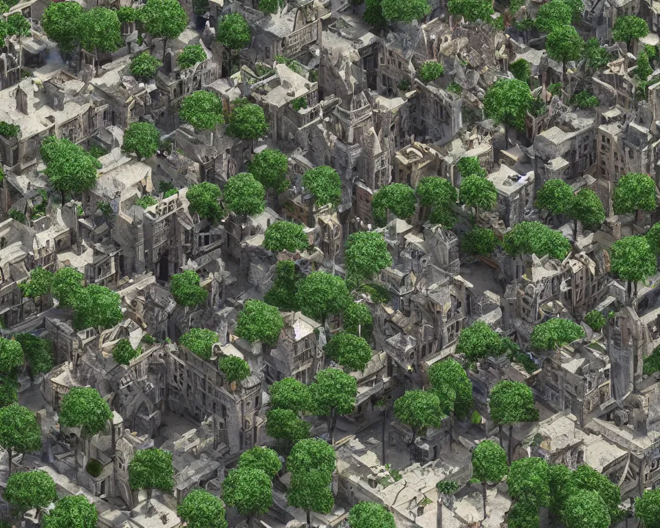 Image similar to medieval fae city, built into trees and stone, street view, unreal engine, hyperrealism