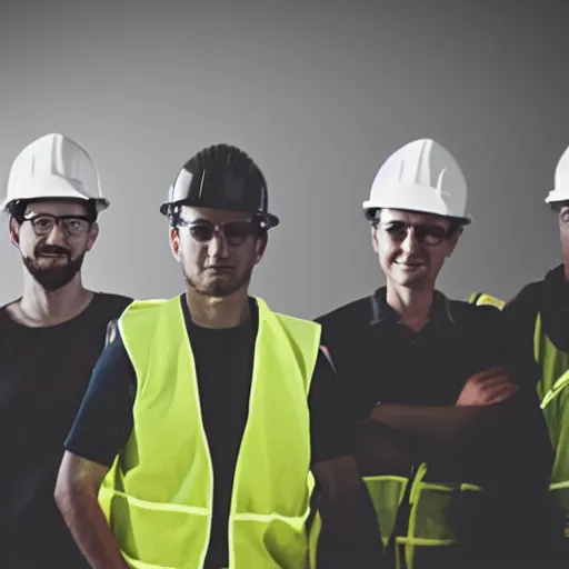 Prompt: black, shadowy, tall figures wearing hard hats