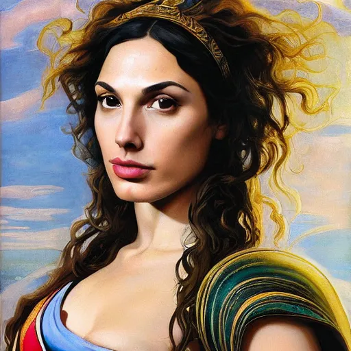 Prompt: Oil painting of the beautiful woman Gal Gadot, she is wearing some withe ancient greek cloths and a surreal ornate, her hair is natural disheveled, naturalism, dramatic lighting, high-detailed oil painting by Ilya Repin, Michelangelo da Caravaggio, William Blake, Alex Grey and Beksinski, trending on Artsatio, masterpiece, 4k, 8k,