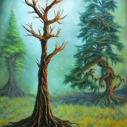 Prompt: A 6 year old tree, fantasy painting, lots of detail