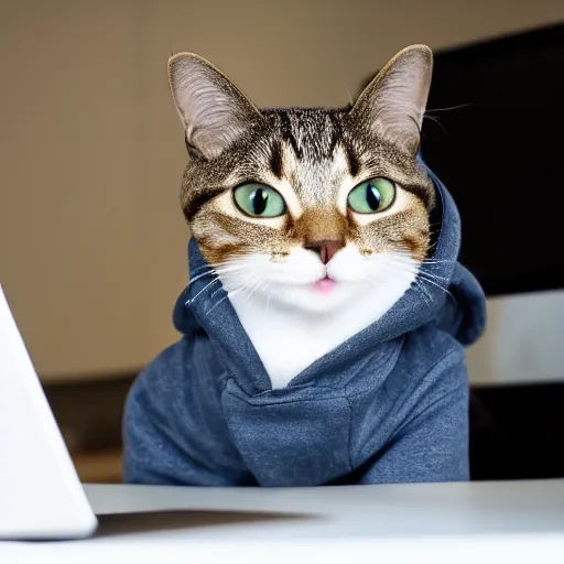 Prompt: high quality photo of an hacker cat with a hoodie in front of a computer, award winning photography