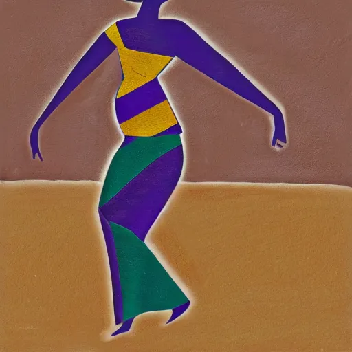 Prompt: african woman dances furiously for rain in a drought parched landscape, abstract art in the style of cubism ,