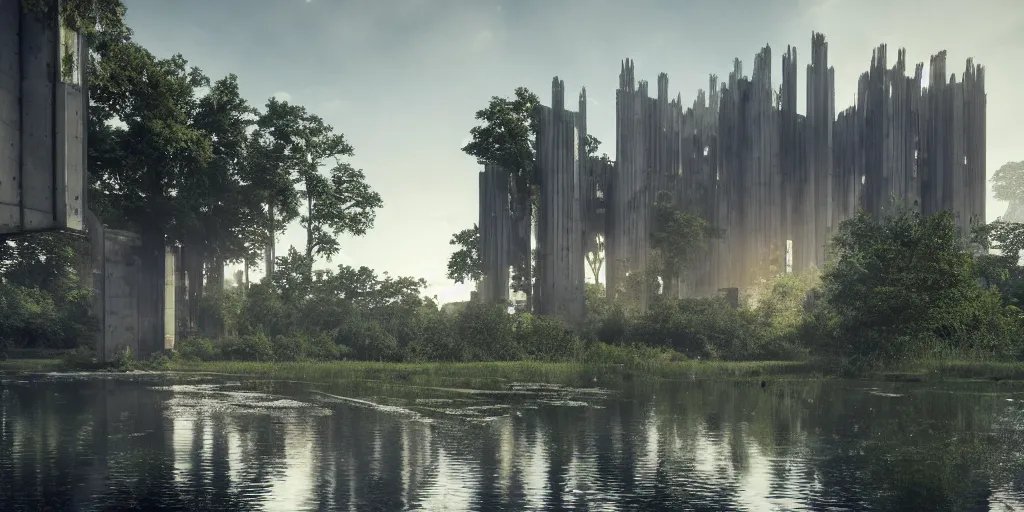 Image similar to an extremely detailed cathedral of brutalist architecture, surrounded by lush green forest, reflected in ponds of water, stunning volumetric lighting, sunset, rusted steel, smooth concrete, stunning skies, trending on Artstation, 8k, photorealistic, hyper detailed, unreal engine 5, IMAX quality, cinematic, epic lighting, in the style of Greg Rutkowski