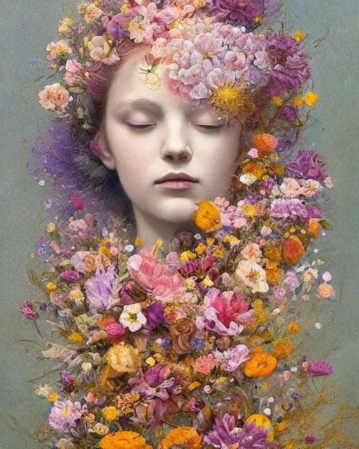 Image similar to a painting of a young woman surrounded by flowers, a surrealist painting by yoann lossel, trending on cgsociety, pop surrealism, made of flowers, cosmic horror, lovecraftian